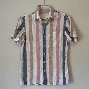 Men's Striped Short-Sleeve Button-Up Shirt in Navy, Beige & Pink